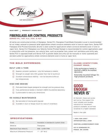 Volume Control Damper (VCD) 15 Hartzell Fiberglass Air Control Products sales sheet cover