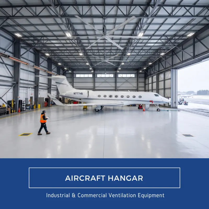 Industries Served 13 Aircraft hangar with HVLS ceiling fans